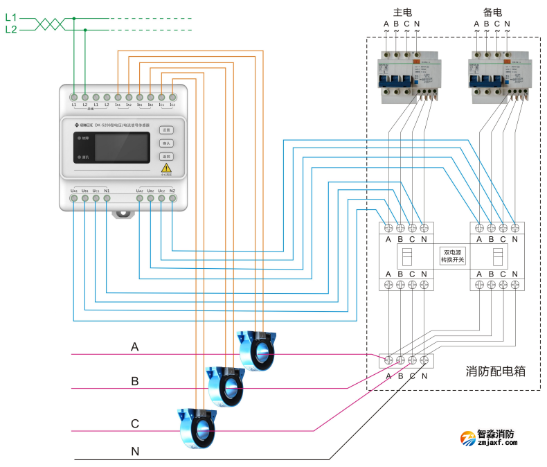 DK-5206三相四線雙電源電壓/電流信號(hào)傳感器接線圖